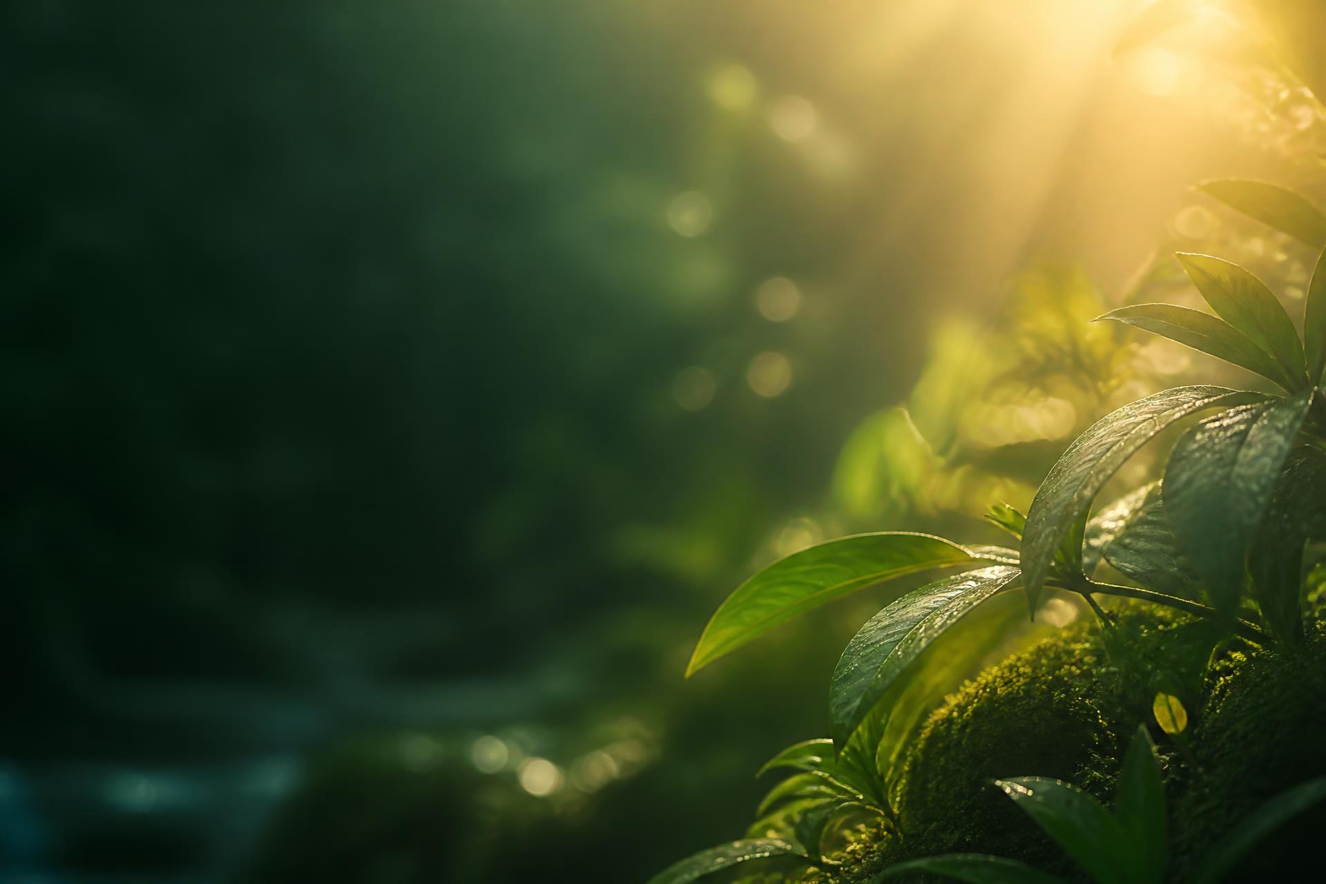 Sunlit green leaves in warm golden light