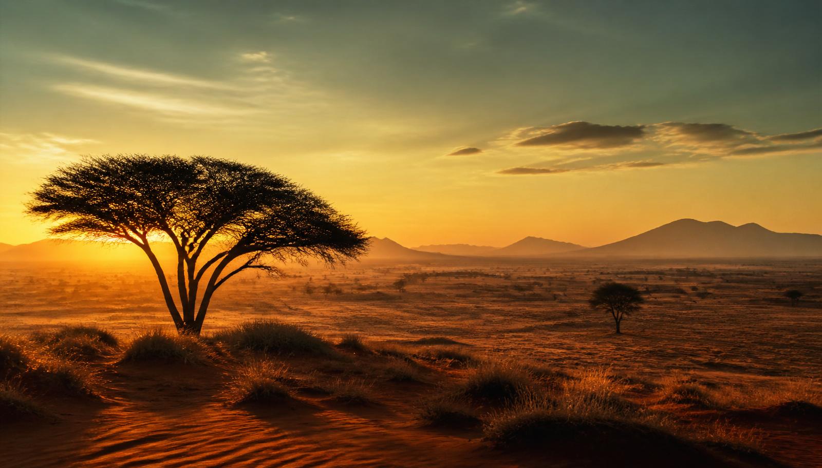 Golden hour over an African savanna landscape